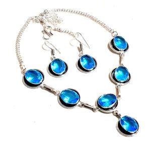 New simulated blue topaz sterling silver necklace & earrings
